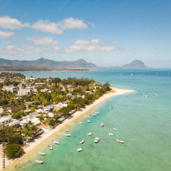 Top down aerial view of tropical beach of Black River, Mauritius ...