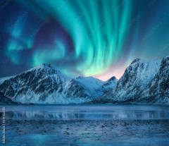 Aurora borealis over the snowy mountains, coast of the lake and ...