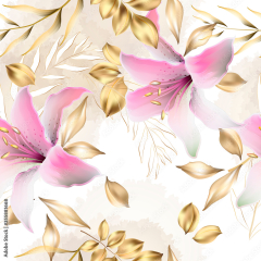 Vector seamless pattern with gold leaves and watercolor lily ...