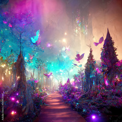 Fantasy enchanted forest with pinke and blue birds, purple path ...