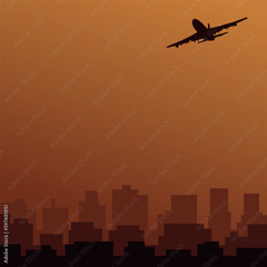 plane flying over the city at sunset vector illustration ...