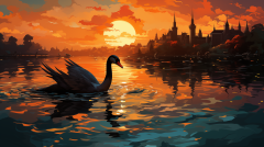 Majestic Black Swan on Serene Lake at Sunset - by ...