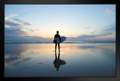 Surfer With Surfboard Deserted Beach At Sunset Ocean Water Reflection Surfing Sports Stand or Hang Wood Frame Display