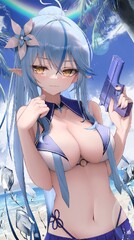 gun, blue theme, bangs, elf, weapon - Anime R34