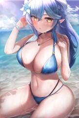 beret, bikini, bangs, elf, wet - Anime R34