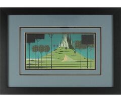 Eyvind Earle concept storyboard painting of the Landscape with Stylized