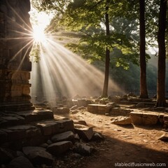 Sunrise through Ancient Temple Ruins | Stable Diffusion Online