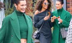 Bella Hadid is a smiling vision in green with Cindy Bruna on the ...