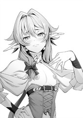 medium hair, nipples, elf, greyscale, monochrome - Anime R34