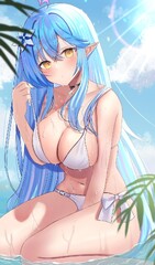 bikini, sky, crossed bangs, blue sky, elf - Anime R34