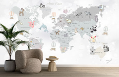 Whimsical White World Map with Animals For | Morphico