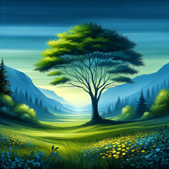 Peaceful Landscape Painting with Majestic Tree and Scenic ...