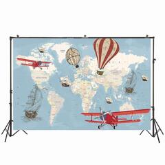 Hot Air Balloon World Map (Around World Map Photography Backdrop Adventure Airplane Hot Air Balloon Vintage Background Travel Theme Little Aviator Kid Boy Birthday Party)