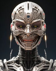 A close up of a robot with a metal head and a red eye - SeaArt AI