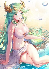 open mouth, bikini, beach, lens flare, neck ring - Anime R34