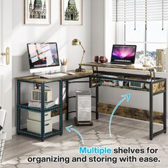 Tribesigns L Shaped Desk with Lift Top, Modern Sit to Stand Corner Computer Desk with Storage Shelves, Rustic Height Adjustable Standing Desk (Tribesigns L-Shaped Desk with Lift Top)