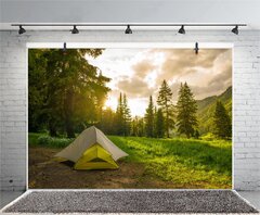 ft Pine Forest Camping Background for Photography Sunrise Outdoor Travel Scout Mountains Landscape Grassland Camp Tents Backdrop Holiday Vacation (Boao Forest Scene Camping Backdrop Camping Photography Background Camping Photo Backdrop and 2 Sets 3Dative Cardboard Campfire Centerpieceificial)