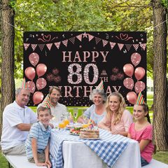 Trgowaul 80th Birthday s for Women Rose Gold Birthday Backdrop Banner 5.9 X 3.6 Fts Happy 80th Birthday Party Suppiles Photography (Trgowaul 80th Birthday s for Women - Black Rose Gold Happy 80th Birthday Backdrop Banner,)