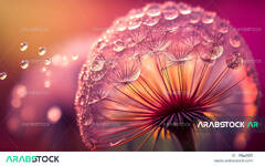 Close-up of dandelion flower with dew drops, pink background ...