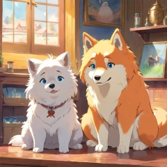 Anime of two dogs sitting on a table in a room - SeaArt AI