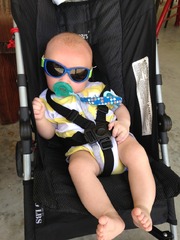 A baby in a stroller wearing sunglasses and a pacifier. Cool baby ...