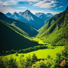 Stunning view of a valley surrounded by mountains on Craiyon