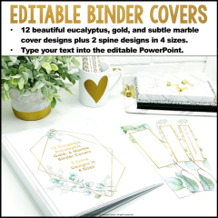 Editable Teacher Binder Covers & Spines: Eucalyptus, Gold, and Marble Design