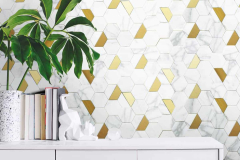 TileGen. Natural Bianco 3" x 3" Hexagon Metal and Marble Mosaic Tile