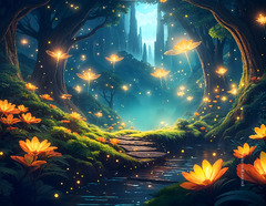 Fairy fantasy forest at night with glowing flowers ...