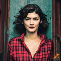 Actress resembling audrey tautou at age 20 in a red plaid shirt ...