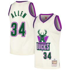 Men's Mitchell & Ness Ray Allen Cream Milwaukee Bucks Chainstitch Swingman Jersey (Men's Ray Allen Milwaukee Bucks Mitchell & Ness Green Swingman Jersey NBA)