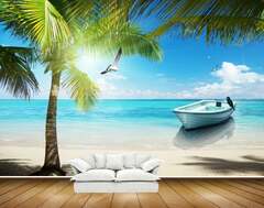 Avikalp MWZ2058 Coconut Tree Boat Bird Sea Ocean Island Water ...