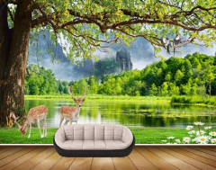 Mystic Walls MWZ2563 Trees Pond River Lake Water Deers Mountains Grass Flowers Forest3D Wallpape