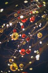 Christmas tree with glossy Christmas toys and lights against dark sky