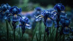 Blue Iris Flowers Raining On Grass Background, Blue Irises,...