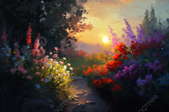 Flowers Sun Distant Mountains Oil Painting Landscape Background ...