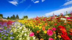 Garden Of Colorful Flowers Under Blue Sky Background ...