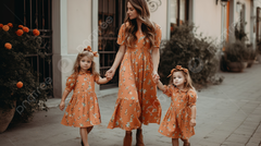 Girl Wearing An Orange Floral Dress With Girls Holding Hands ...