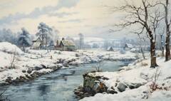 Snowy Winter Scenery Beautiful Village and River Romantic Painting