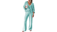 Viottiset Women's 2 Piece Outfits casual V Neck Knit Wide Leg Sweater Lounge Set Sweatsuit